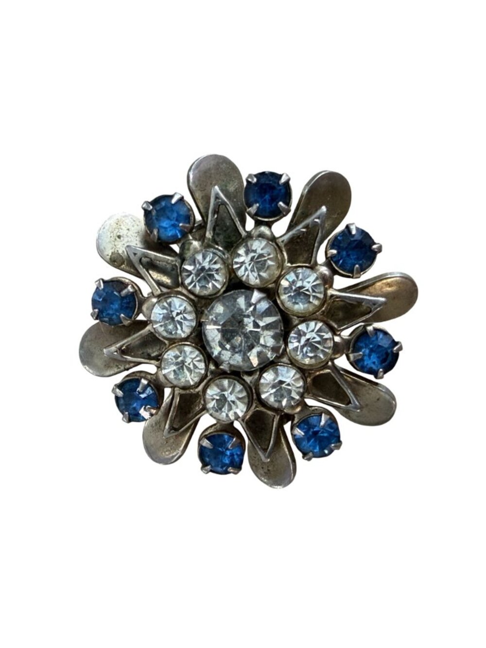 Vintage Set 2 Flower Blue Clear Rhinestones Brooches Silver Tone Matching 1.25" - Picture 5 of 6
